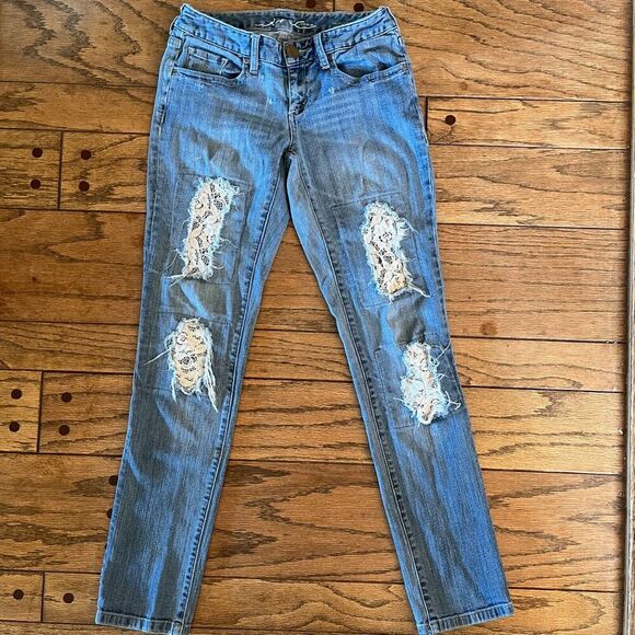 Inc Denim Women's Straight Leg Jeans 2 Regular Fit Lace Distressed Light Wash - Picture 2 of 7